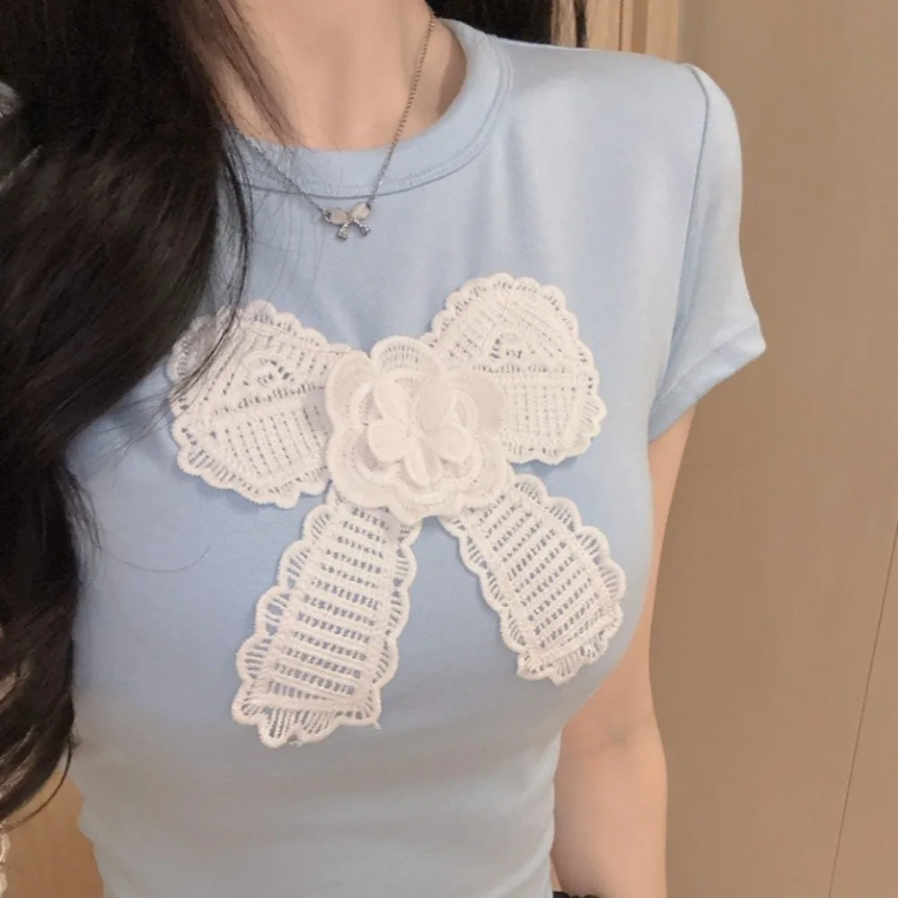 Atasan Kasual Kaus Pita Korea Katun Ikatan Simpul dengan Bantalan Dada Y2K Atasan Crop Kaus Dalam Gaya Korea Atasan Bahu Pendek Wanita