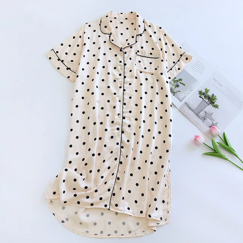 2024 New Summer Women\'s Sleeping Skirt with Viscous Fiber Flap Collar Dotted Short Sleeve Skirt Gongsatin Comfortable Home Fury