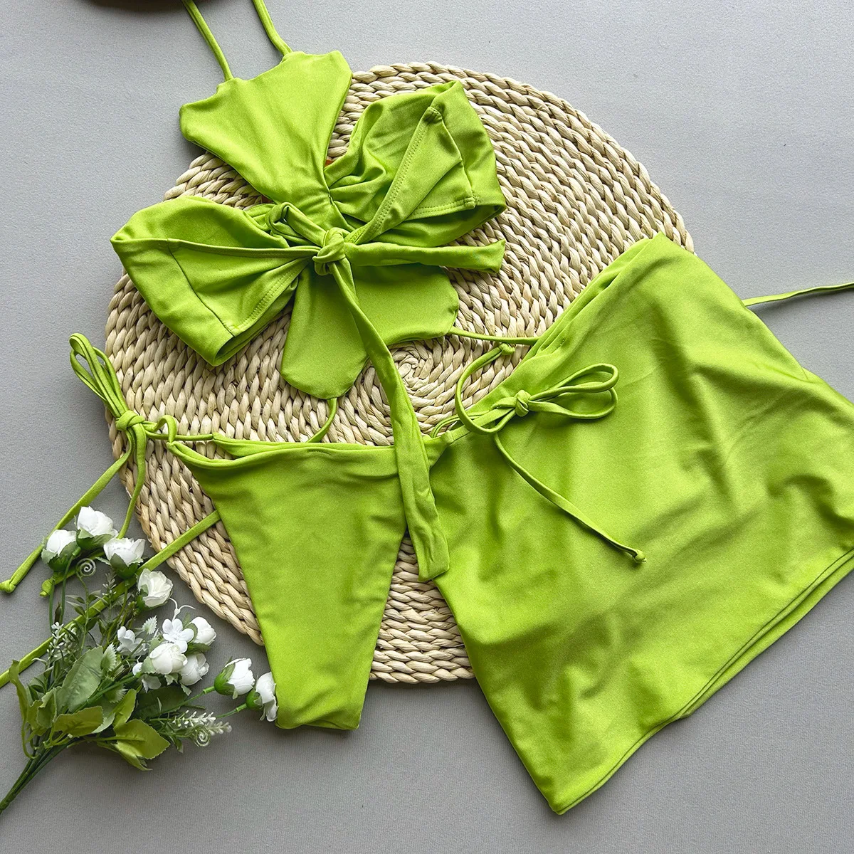 3 peças sexy conjunto de biquíni feminino 2025 3d saia floral cobrir roupa de banho feminina beachwear maiô terno de natação