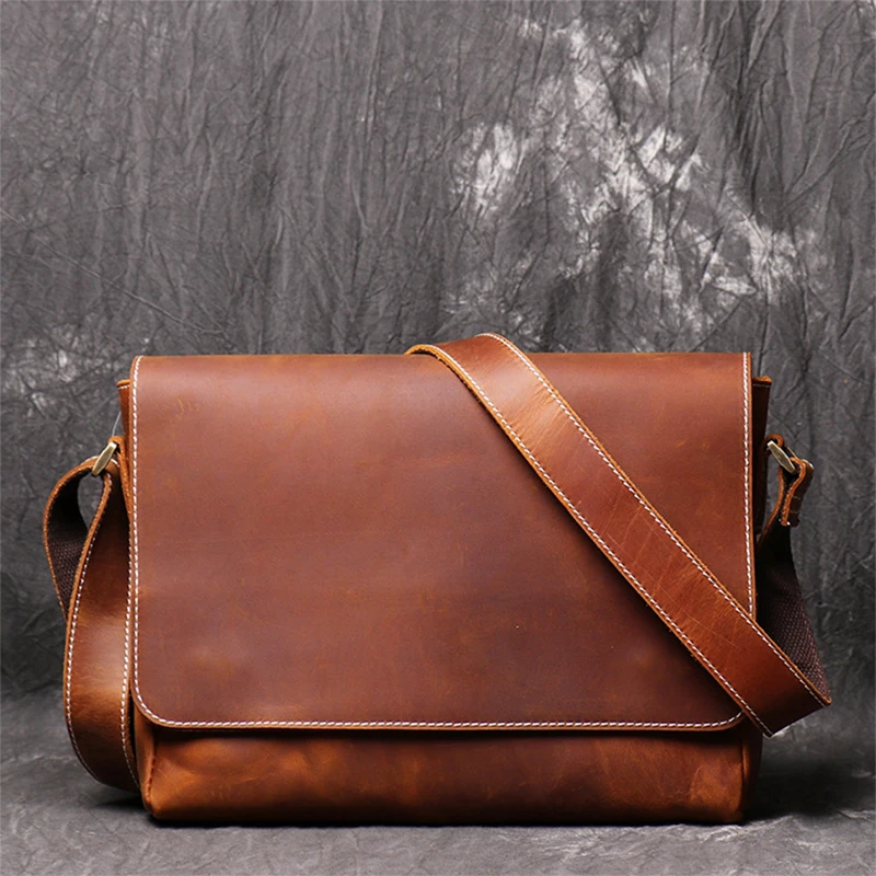 

New Style Retro Handmade Men's Shoulder Bag Cowhide Messenger Casual Crazy Horse Leather Genuine