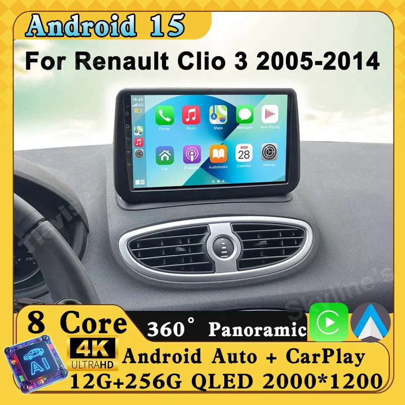 Android 15 para renault clio 3 clio 3 2005-2014 4g wifi rádio do carro multimídia navegação gps câmera auto carplay estéreo dvd