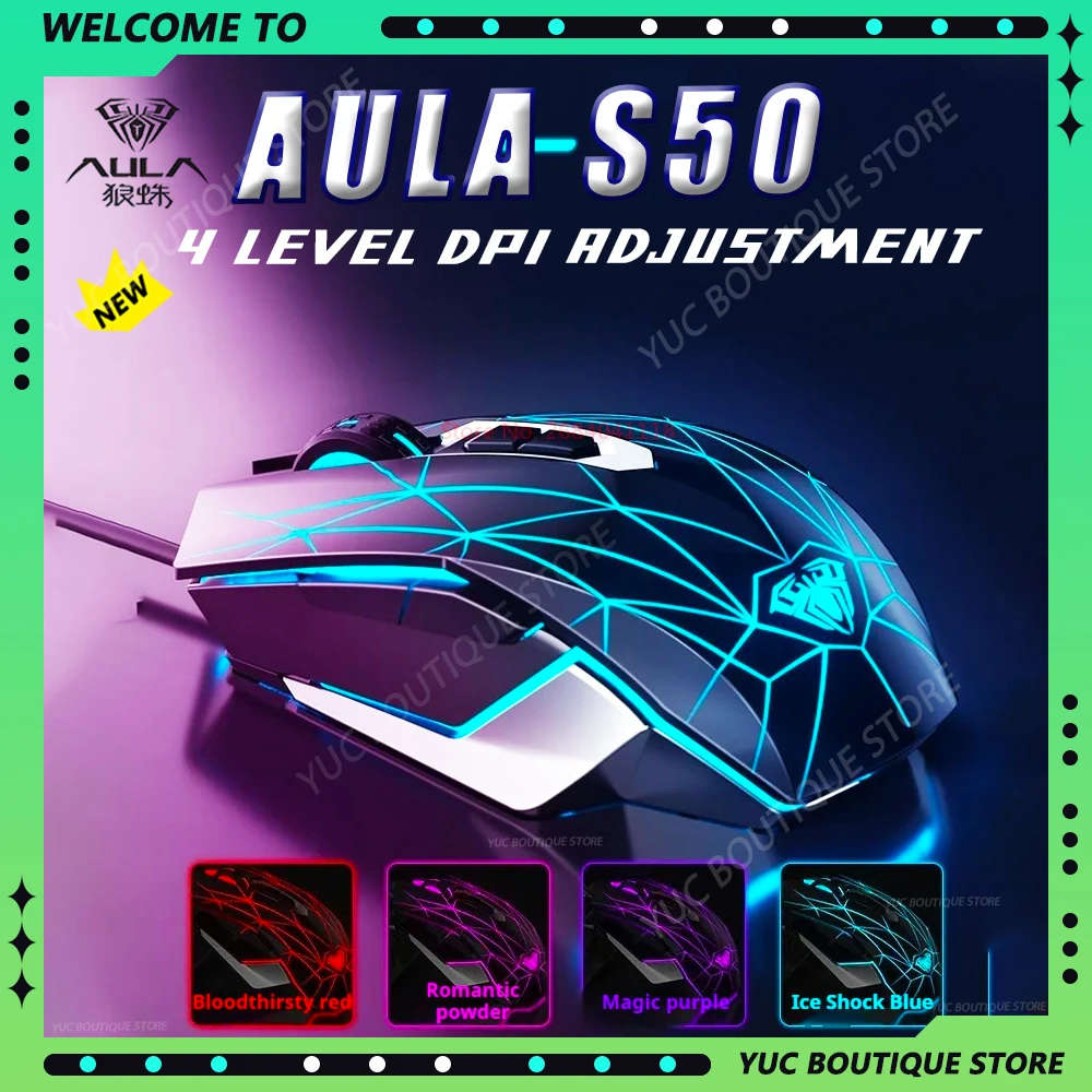 

Проводная игровая мышь Aula S50, USB-программирование макросов, эргономика, регулируемая Dpi, игровая, киберспортивная, компьютерная периферия для домашнего офиса