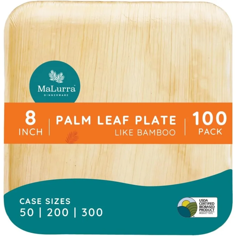 

8 Square 100 PCs Palm Leaf Plates Like Bamboo Plates Compostable Disposable I For Hot and Cold Foods EcoFriendly Strong Heavy D