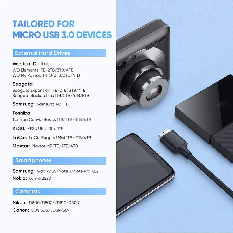 【Fast Ship】USB 3.1 Type C to Micro B Data Cable Connector Cord for Hard Drive Smartphone 5GBPS Fast Sync Data Transfer Cord