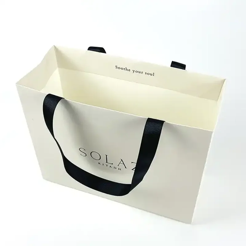 Imagem -04 - Bolsas de Papel Impressos Personalizados Papelão Embalagem de Luxo com Alça de Fita para Compras com Seu Próprio Logotipo Atacado 500 Peças Lote