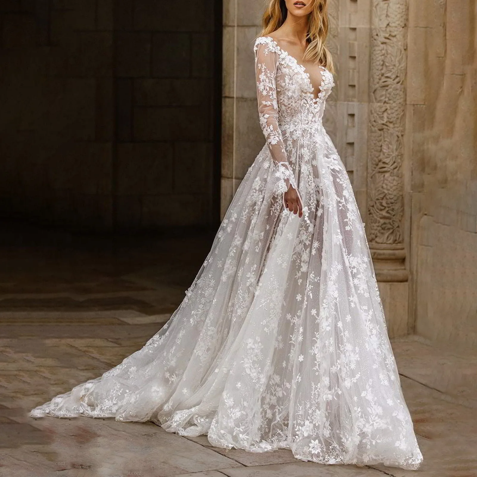 2024 Elegant High Waist Wedding Dress Women Clothing Pure White Long Sleeves Women's Solid Color Print Ball Gown Dresses 2024