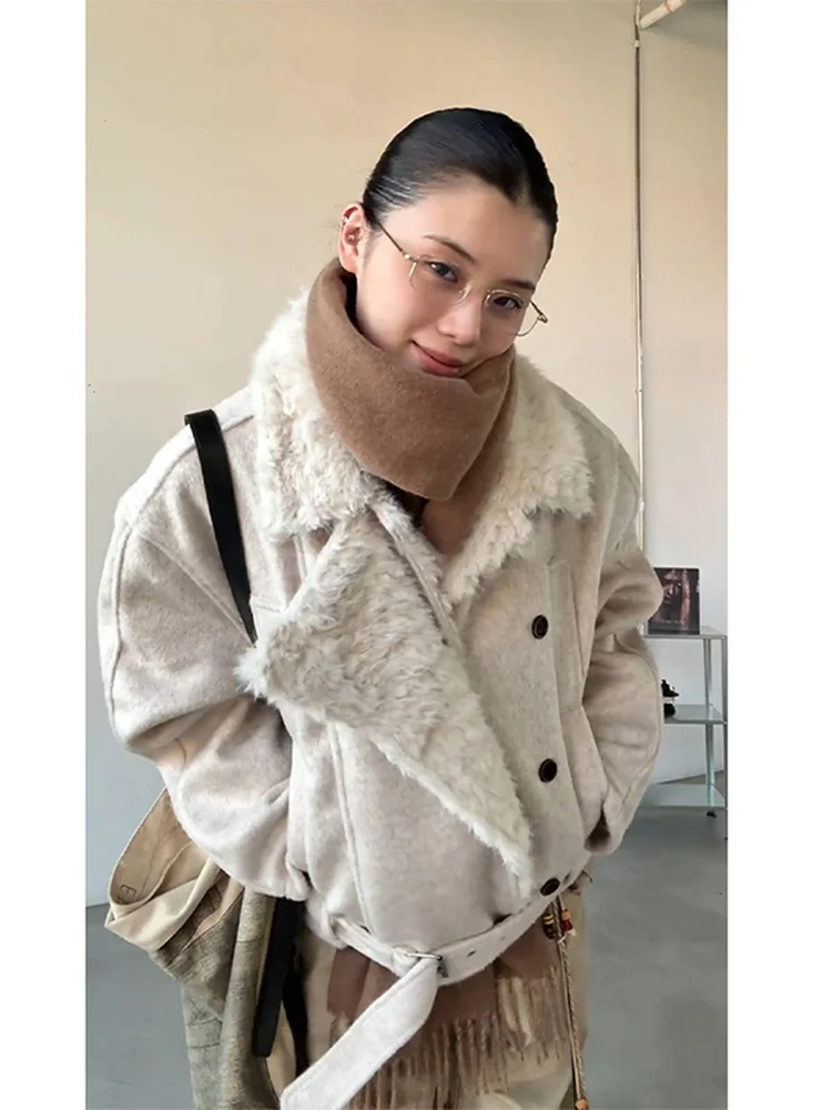 

Корейская свободная куртка с отложным воротником для женщин, осенне-зимняя универсальная верхняя одежда с поясом, модный дизайн, застежка-молния, повседневная.