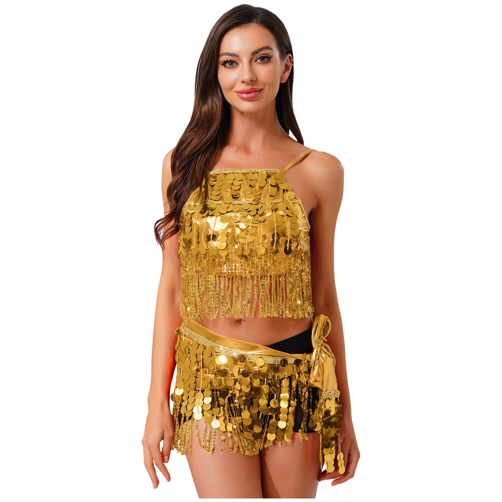 

Women Belly Dance Performance Costumes Metallic Sequin Tassel Fringe Backless Crop Top And Lace-up Hip Scarf Waist Chain Skirt