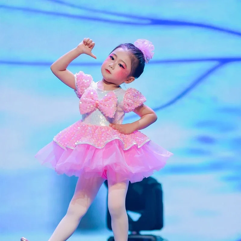 Modern dance Tutu Dress Girls Kids Ballroom Clothing Sequined Jazz Costume Stage Wear Pink Wedding Princess Dresses