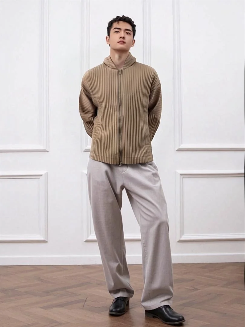 

Miyake Fold 2025 New Men's Fold Zipper Cardigan Pleated Coat Hoodie Pleat Sweater Fashion Jacket Loose Casual Autumn/Winter