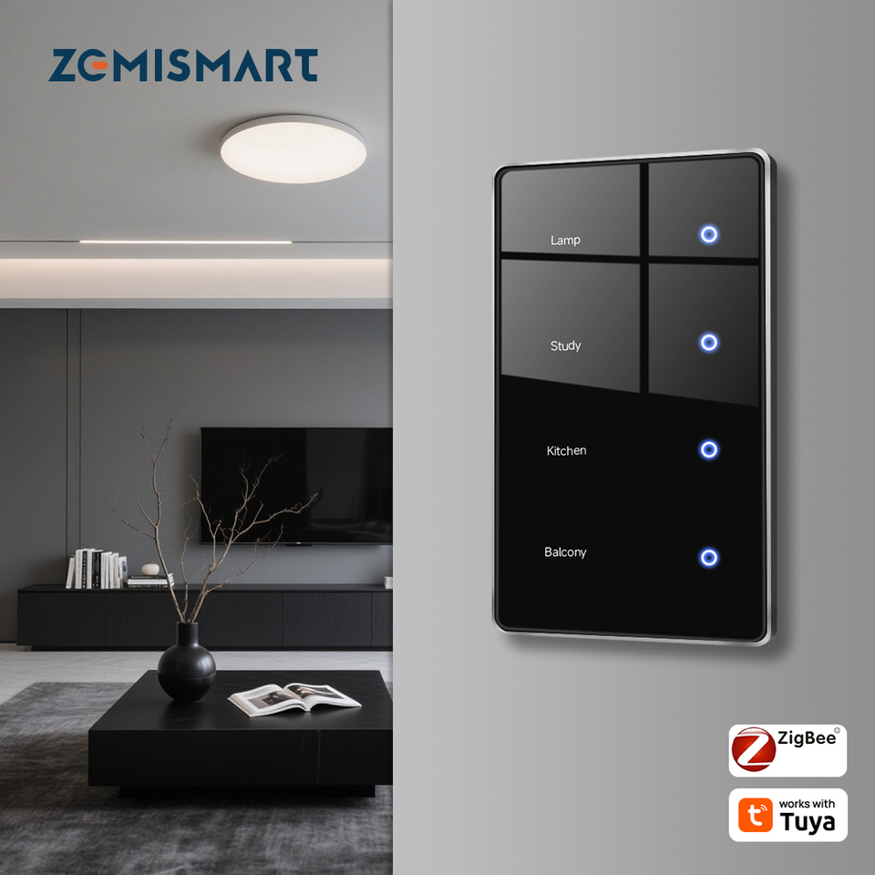  Zigbee DIY Name Switch with Display Screen US Black Touch Panel Light Switch Works with Tuya Smart App Alexa Google Home Voice 
