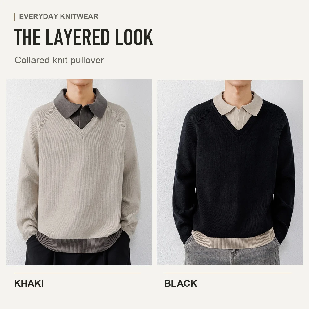 Men Long Sleeve Collared Mock Layer Knit Sweater Casual Pullover Ribbed Cuffs Contrast Hem Autumn Winter Khaki Black M to 4XL