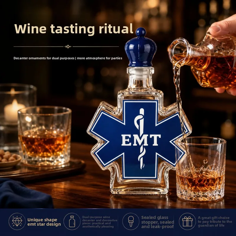 Star of Life EMT Whiskey Decanter Unique Shaped Glass Liquor Bottle for EMS First Responder Fans Gift