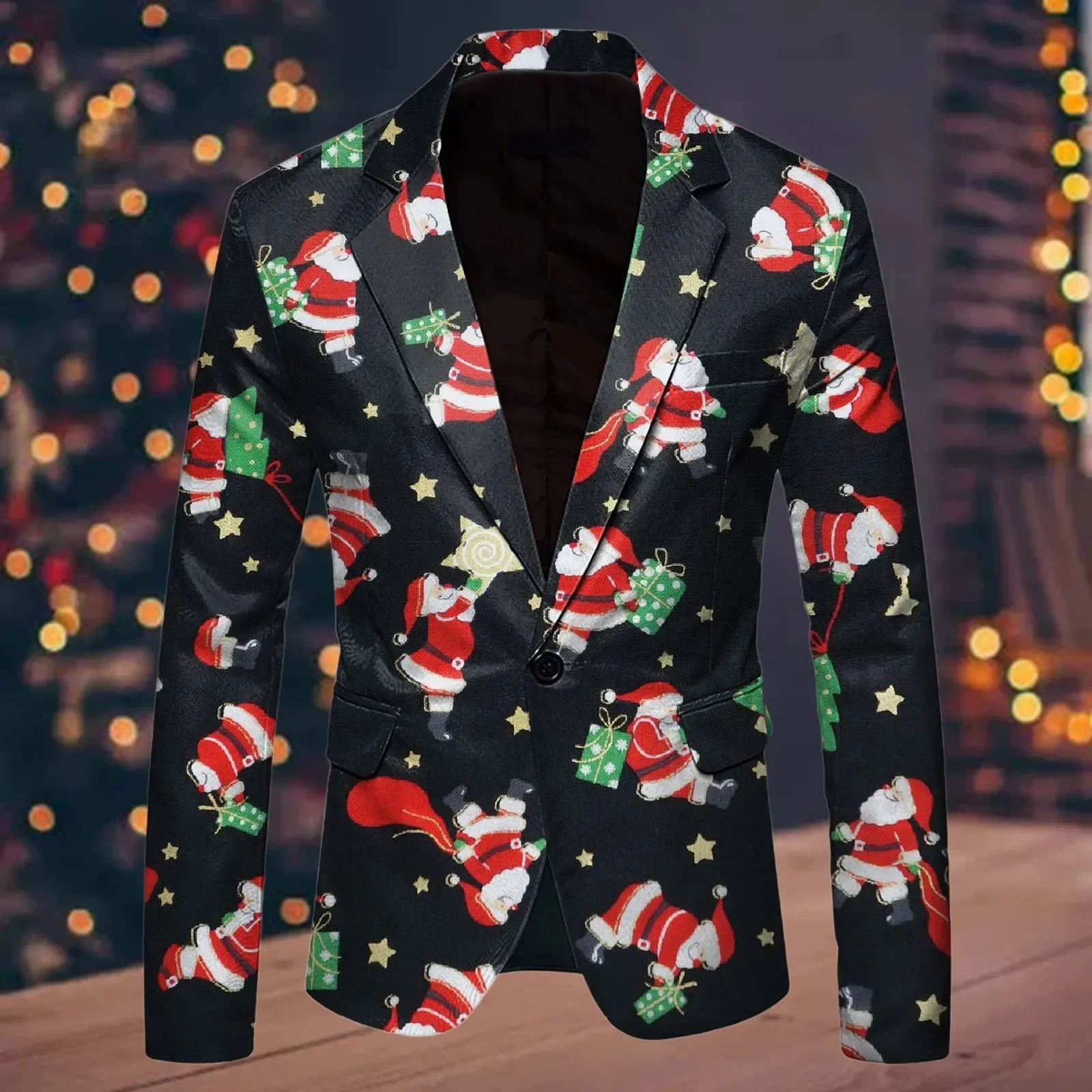 Men Christmas Blazer Snowflake Santa Printed Pocket Lapel Button Suit Coat 2023 New Autumn Winter Fashion Men\'s Jacket Suit