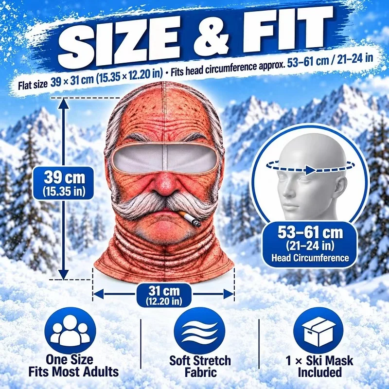 Funny Old Man Ski Mask/ Realistic Face Balaclava Summer* Winter 3D Printed Full Face Mask for Skiing Snowboarding Outdoor Sports