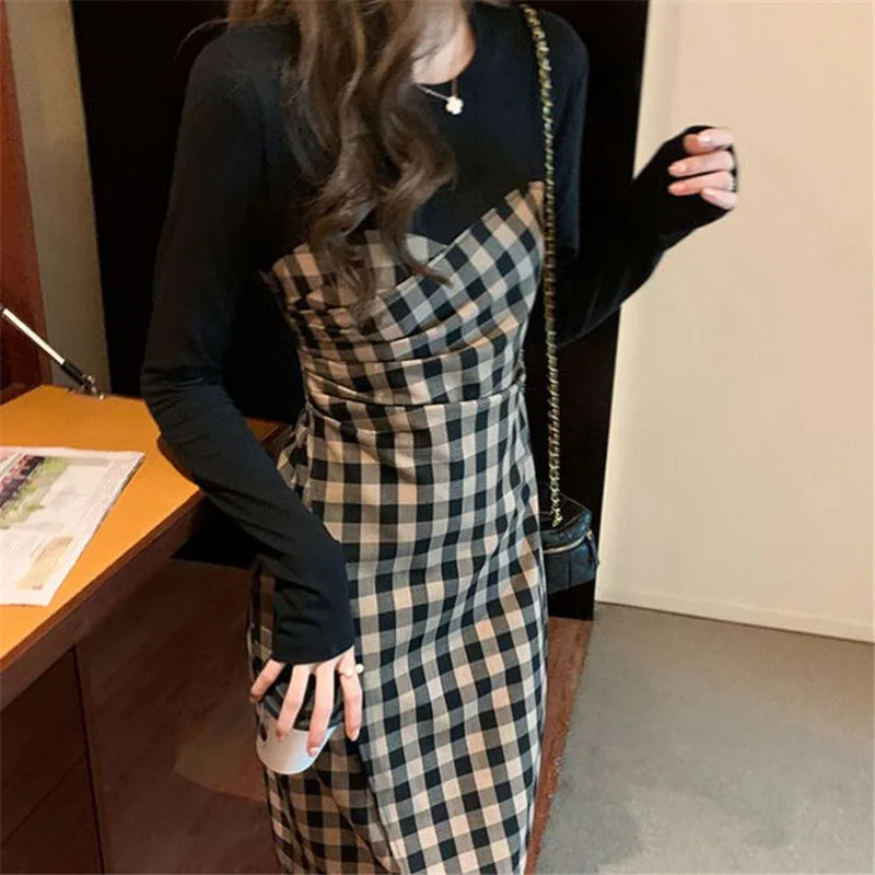 Spring Autumn Fashion Plaid Print Patchwork Ruched Slim Street Chic Midi Dress Women Casual O Neck Long Sleeve Sexy Slit Dresses