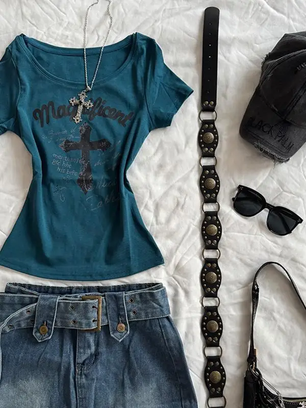 Gothique Rose Bleu Imprimé Coupe Slim Or Sve T-irt Femme Américain Rétro Sle Haut Décontracté Quali Polyester Coton Mélange