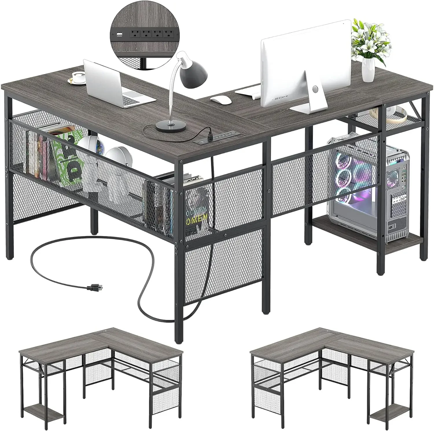 Unikito L Shaped Desk, Reversible Corner Computer Desks with Power Outlet and USB Charging Port, L- Shaped Office Desk with Stor