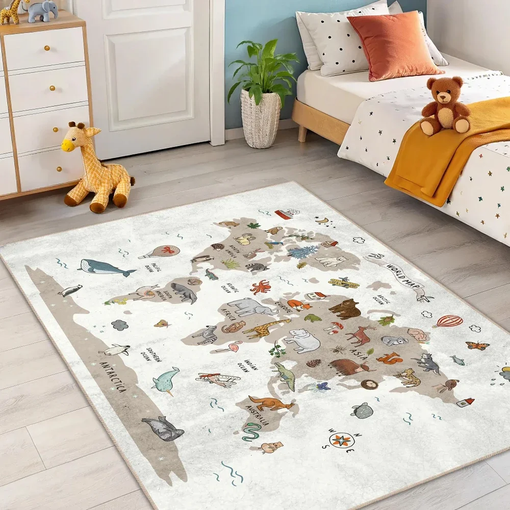 Cartoon Animal World Map Rug Cute Educational Geography Print Non Slip Carpet for  Playroom Bedroom Home Decor