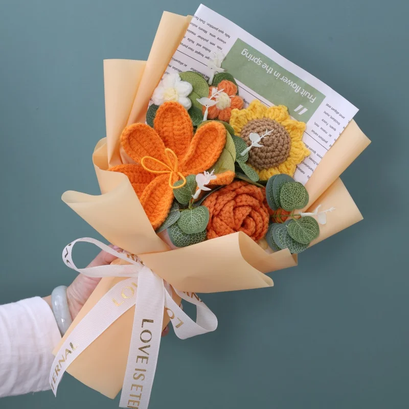 Finished Crochet bouquet Rope Artificial Flowers Stuffed Plants Wedding Valentine Mothers' Day Birthday Graduation Gifts