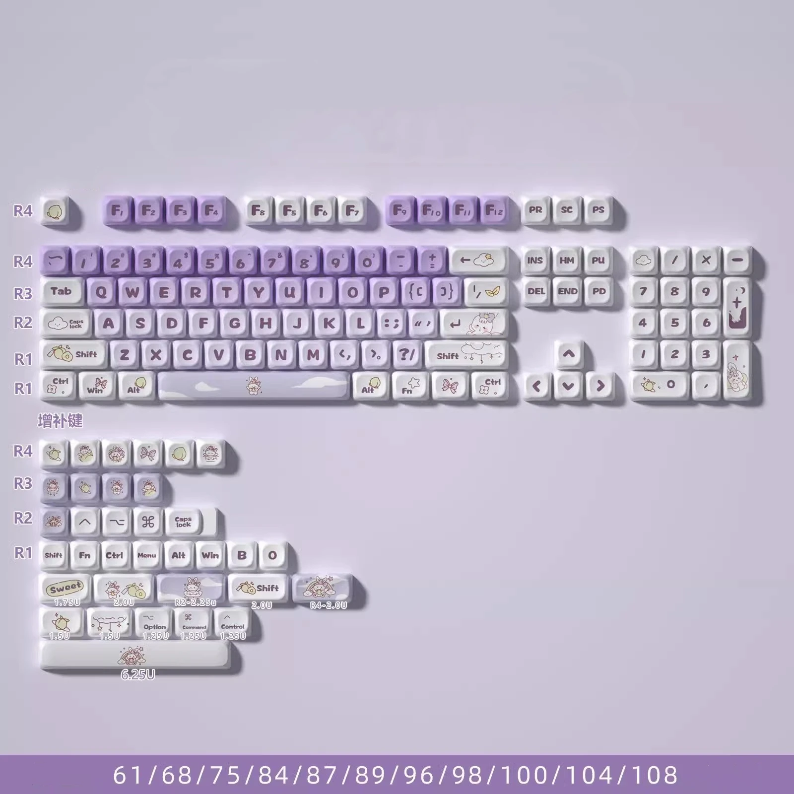 1 セットスナックウサギキーキャップ PBT 染料昇華キーキャップ MOT プロファイル耐光キーキャップ MX スイッチキーボード 61 64 75 84 87 96