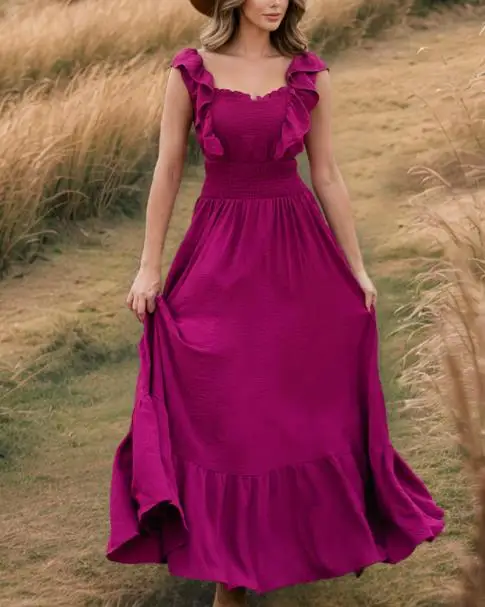 

Women's Dress Vintage One-Piece Neckline Off-Shoulder Dress, Fashionable Slim-Fitting Elegant Ruffle Pure Color Long Skirt