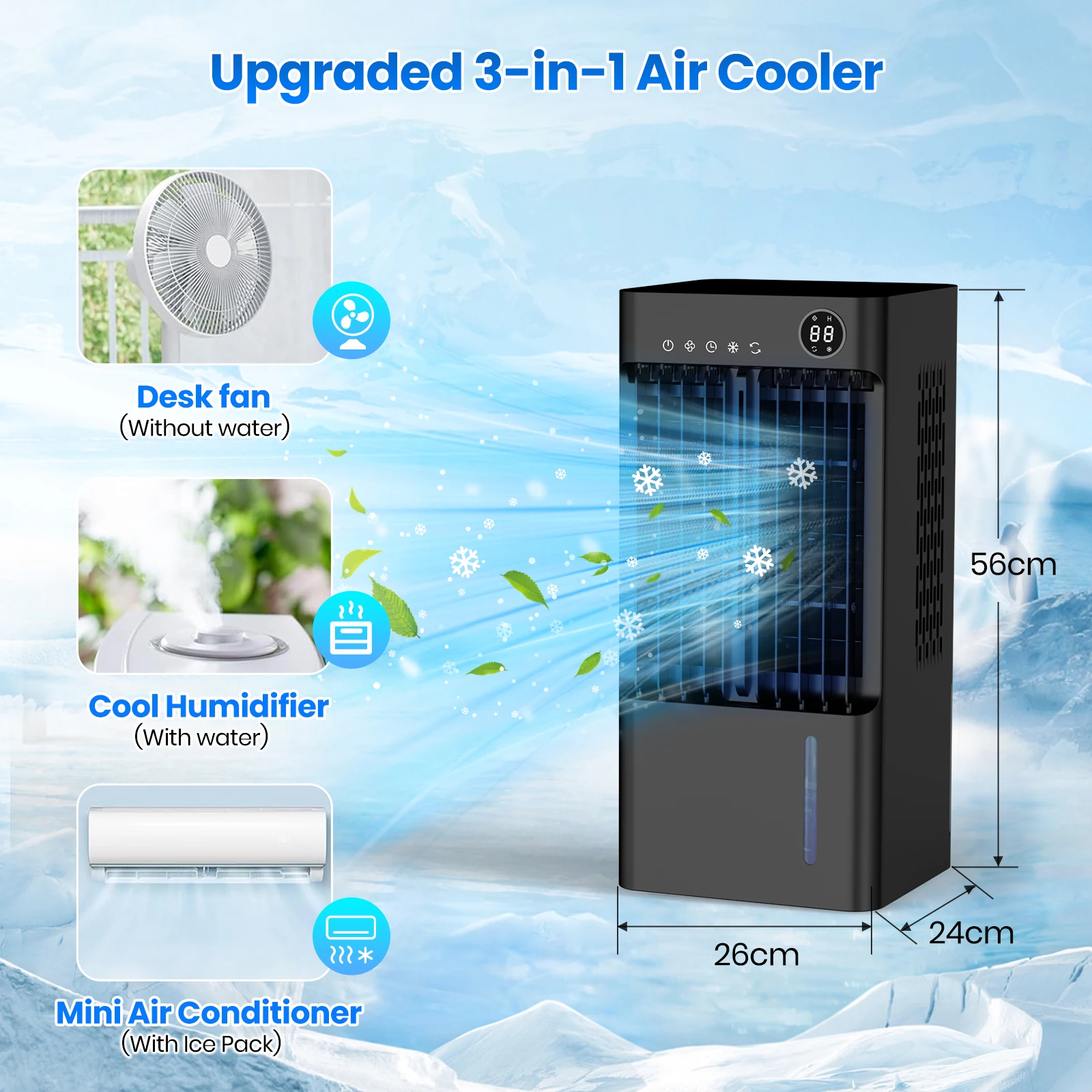 3 in 1 Mini Air Conditioner, Humidifier, Fan Evaporative Air Cooler Timing/LCD 5L