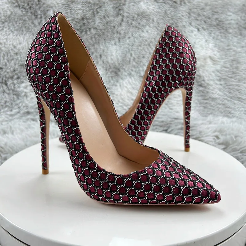 Tikicup Mesh Pattern Women Sexy Wine Red Pointy Toe High Heel Shoes Burgundy Slip On Stiletto Pumps for Party Show 8cm 10cm 12cm