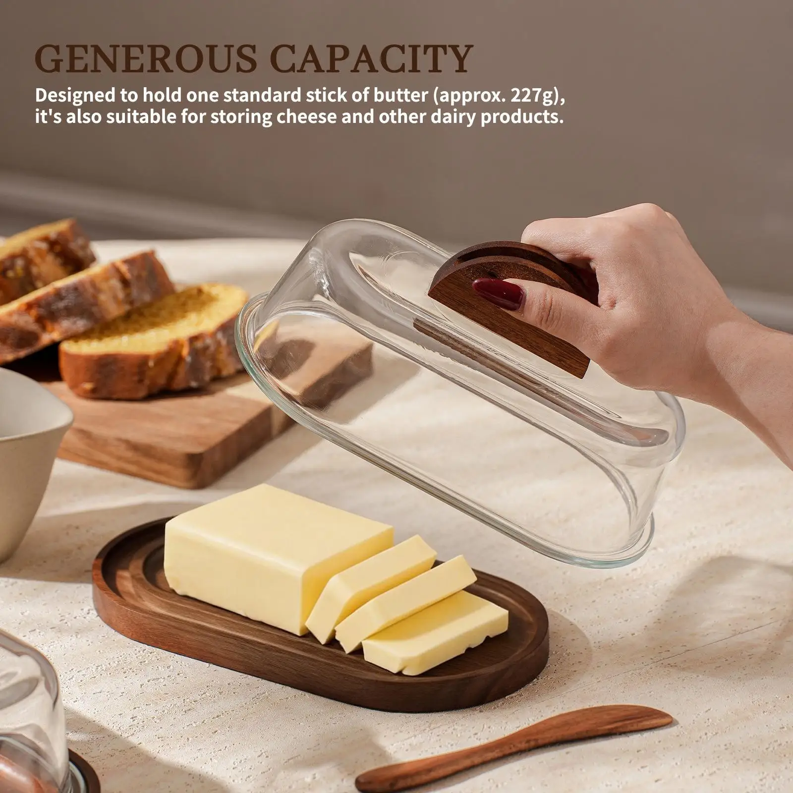 Wooden Butter Dish Wood Knife Butter Holder Dessert Dish Cheese Server Storage Clear Container Butter Keeper Tray with Glass Lid