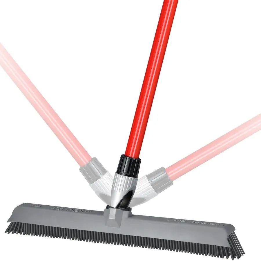 

Silicone Rubber Broom Carpet Rake and Squeegee Swivel Pet Hair Removal Broom with Long Handle Slanted Side Bristles for Corners