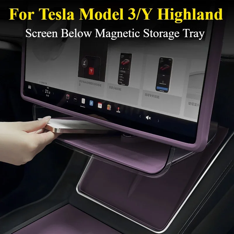 For Tesla Model 3/Y Highland (2023-2026): Screen Below Magnetic Storage Tray - ETC & Tissue Holder