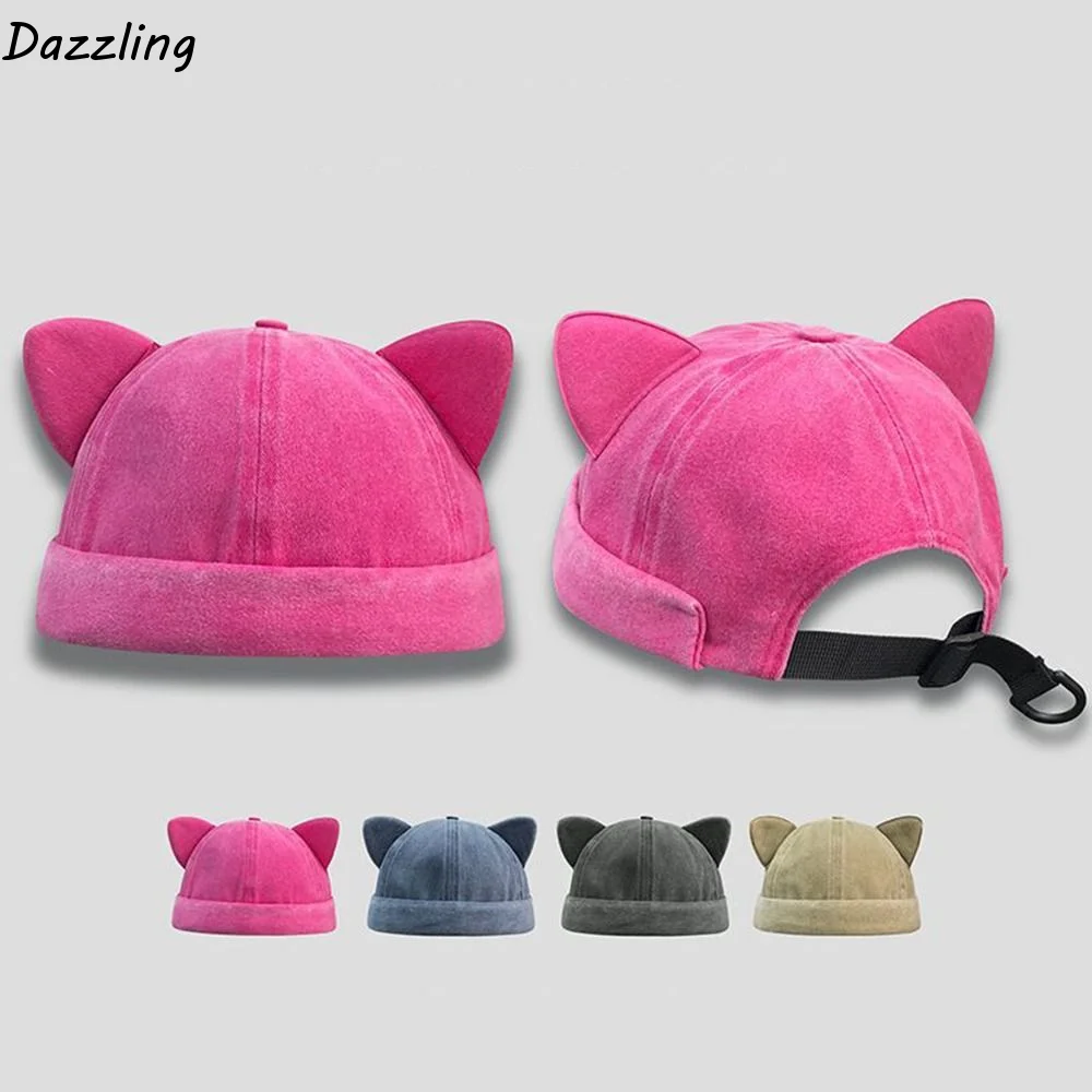 Casual Cute Cat Ears Brimless Hat Adjustable Washed Old Bucket Cap Breathable Sweet Basin Hat Camping