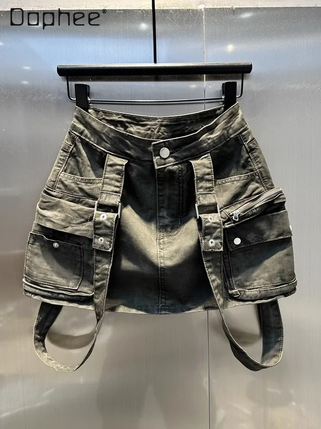 

2025 Summer New American Retro Spice Girl Three-dimensional Pocket Straps Mini Skirt Women High Waist Temperament A-line Skirts