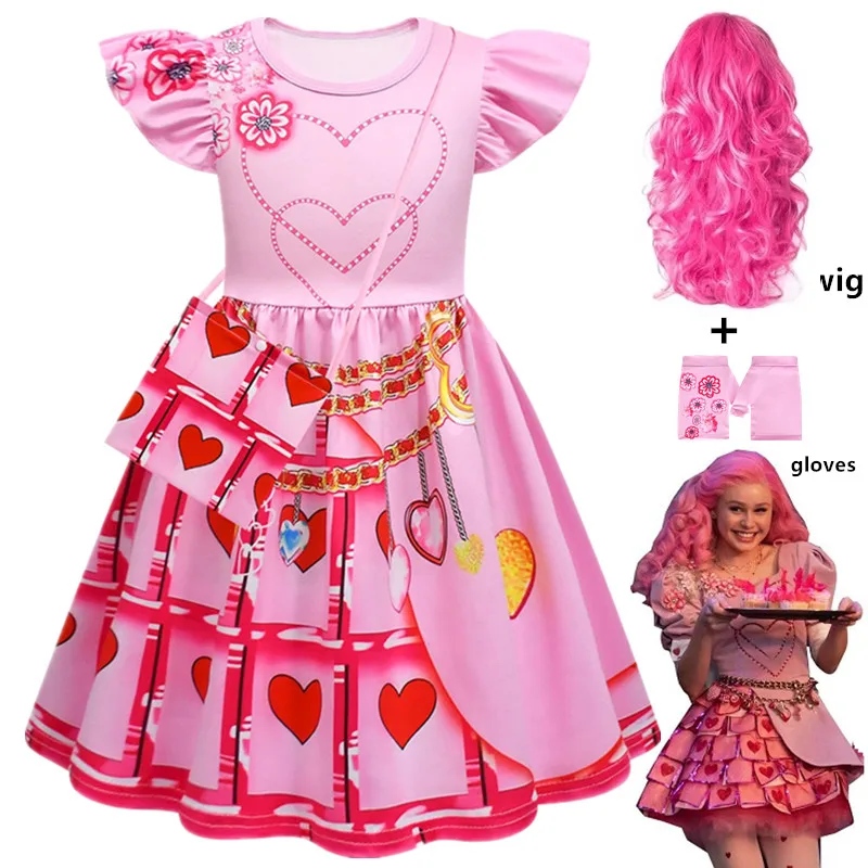 D-Descendants 4 Costume Rise of Red Dress bag wig Halloween Chloe Queen of Hearts Bridget Cosplay Girls pink Flying Sleeve Dress