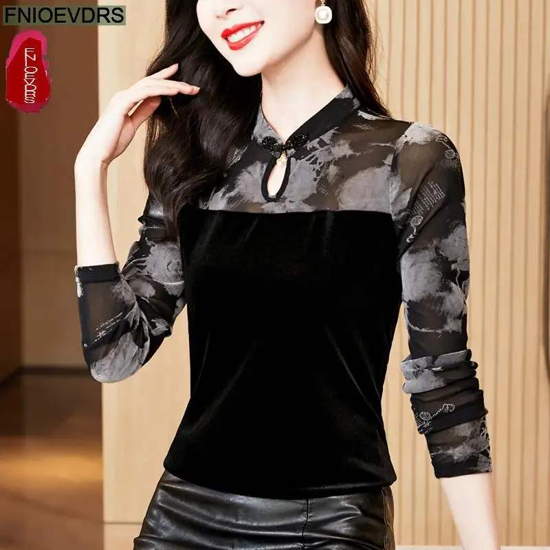 S-3XL New Year Black Sheer Tops Women Winter Basic Wear Fashion Retro Vintage French Design Shirts Stand Tops Blouses