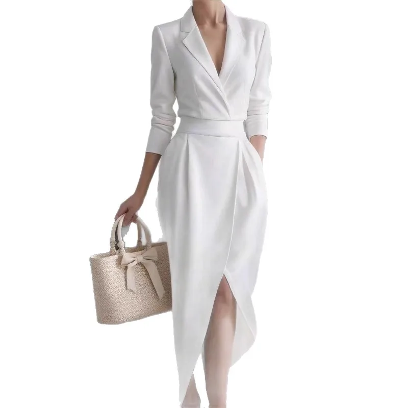 New 2026 European and American Independent Station Autumn and Winter New Lapel Long Sleeve Commuter Office Irregular Dress Women