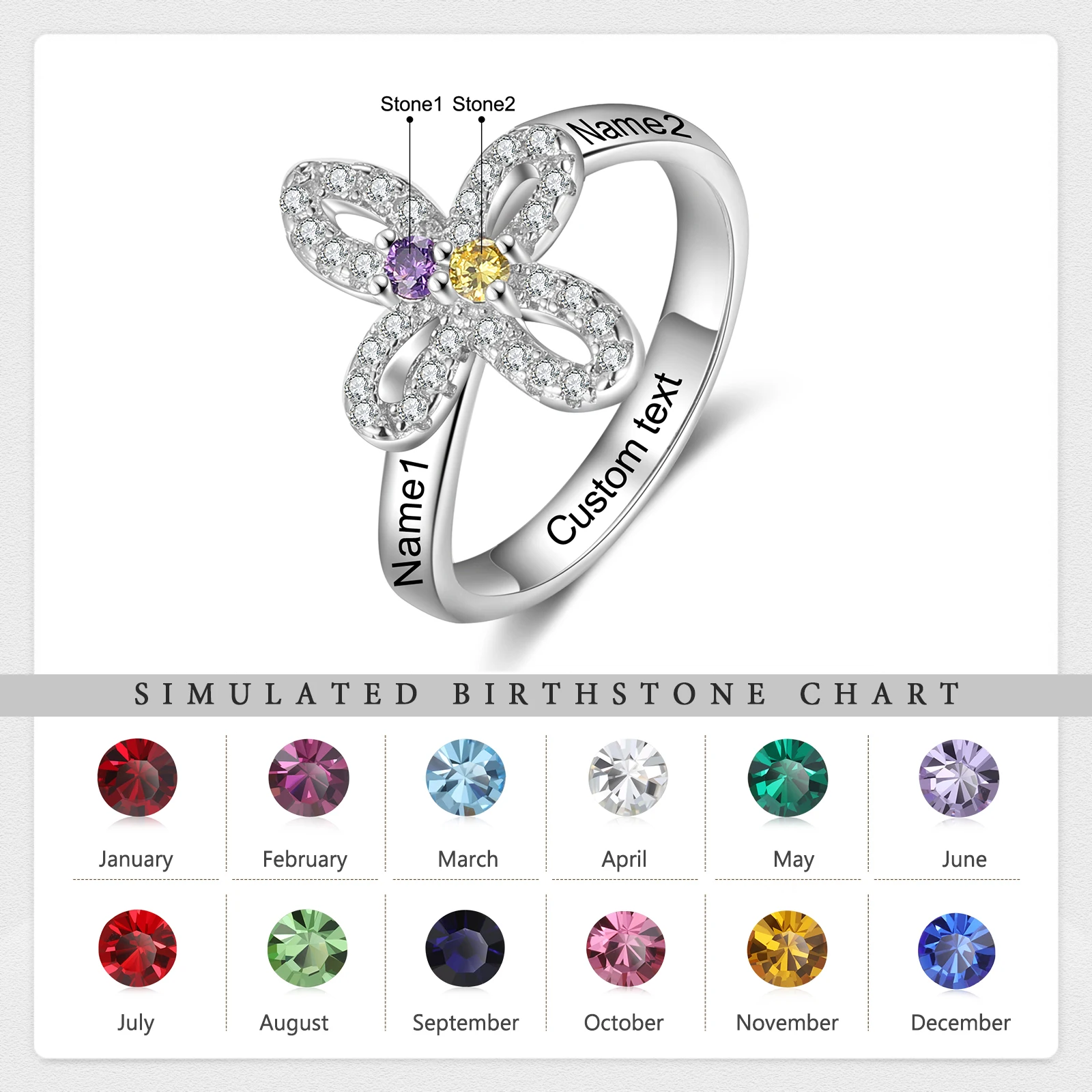 Customized Floral Cross Ring with 2 Birthstones Personalized Engraved Name Rings for Couples Birthday Gift for Mother Grandma