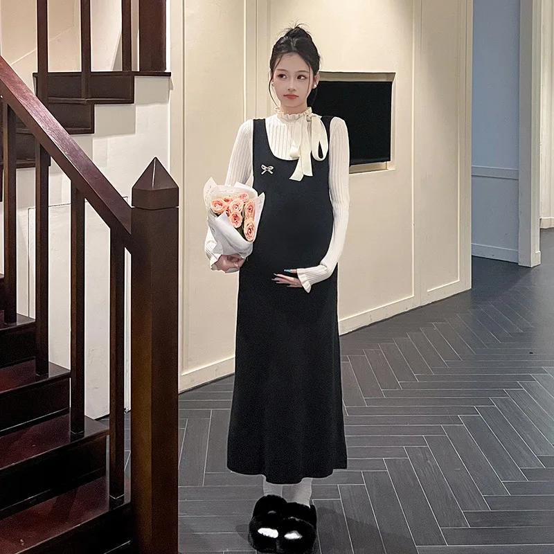 Vestido de embarazo de estilo francés, suéter de punto falso de dos capas, traje de maternidad elegante, sofisticado y cómodo, otoño