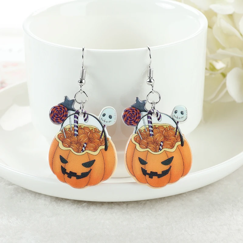 1 Pair Halloween Pumpkin Drop Earrings Acrylic Ghost Candy Cake Cannibal flower And Dog Flatback Jewelry Holiday Birthday Gifts image 3