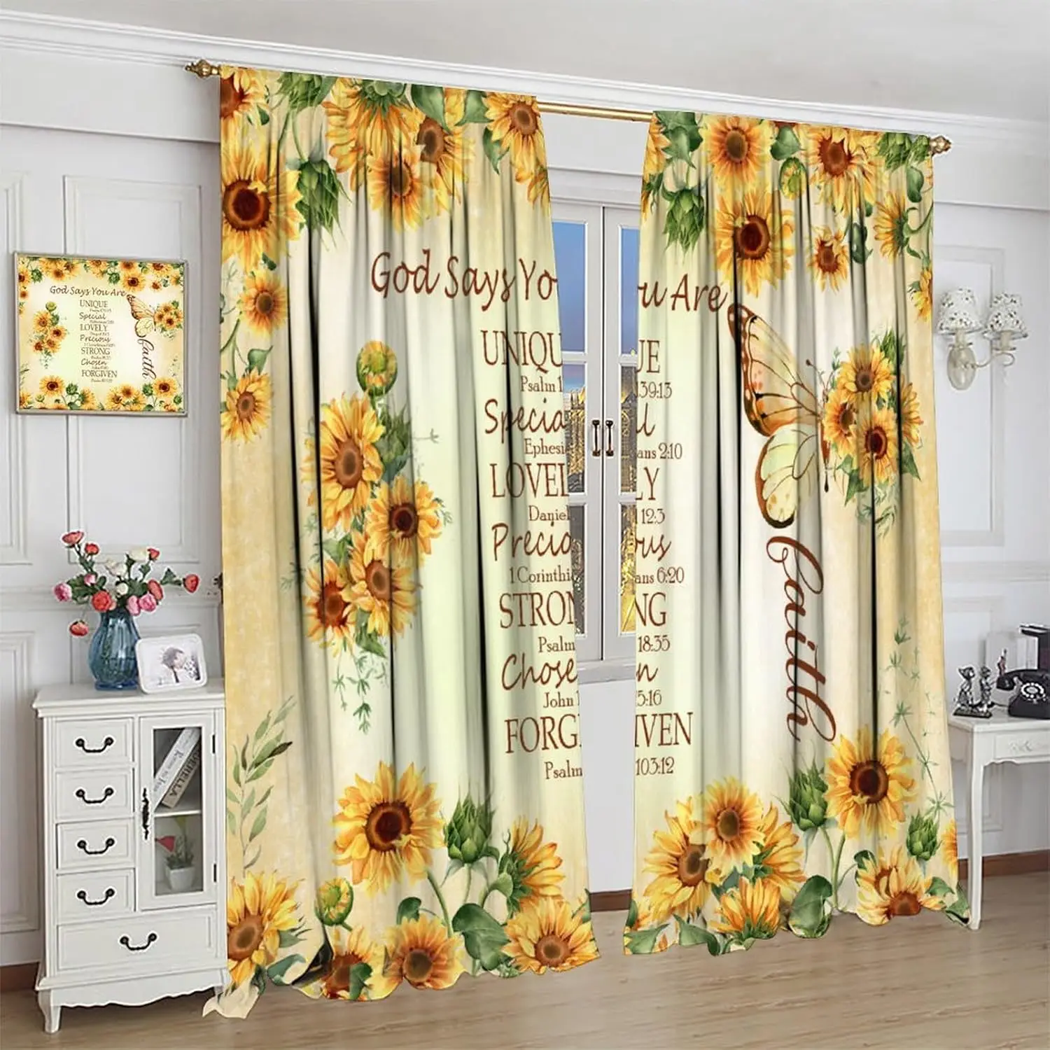 Bible Verse Quotes Sunflower Curtain Kids,Vintage Christian Scripture Window Treatments Butterfly Spring Summer Flower Drapes