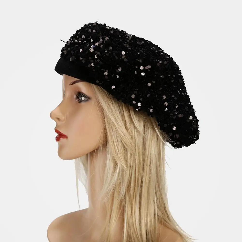 Outdoor Fashion Headgear Women’s Sequined Beret Hat Sparkly Retro Artist Cap Stylish Adjustable Painter for Street for Women