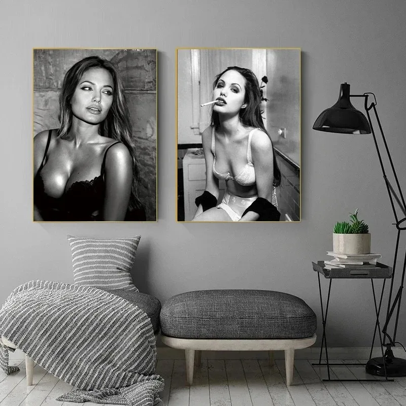 أنجلينا جولي مثير الساخن فيلم ستار الممثلة أبيض وأسود التدخين قماش اللوحة المشارك صورة جدار ديكور فني جدارية
