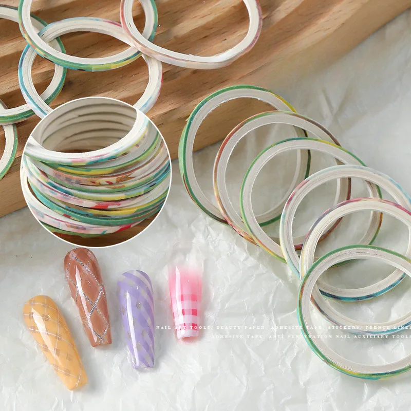 10pcs/set 2mm Wide Nail Art Plaid Tape, Random Color, Tear-Easy, No-Drip, Fine Plaid Pattern, Auxiliary Nail Art Tool