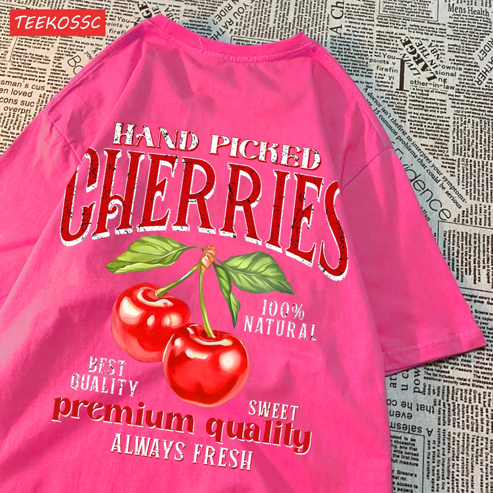 Cherries Printing Fashion Cotton Women'S T-Shirts Hand Picked Tops Casual Crewneck Soft Short Sleeve Street Female Clothes New