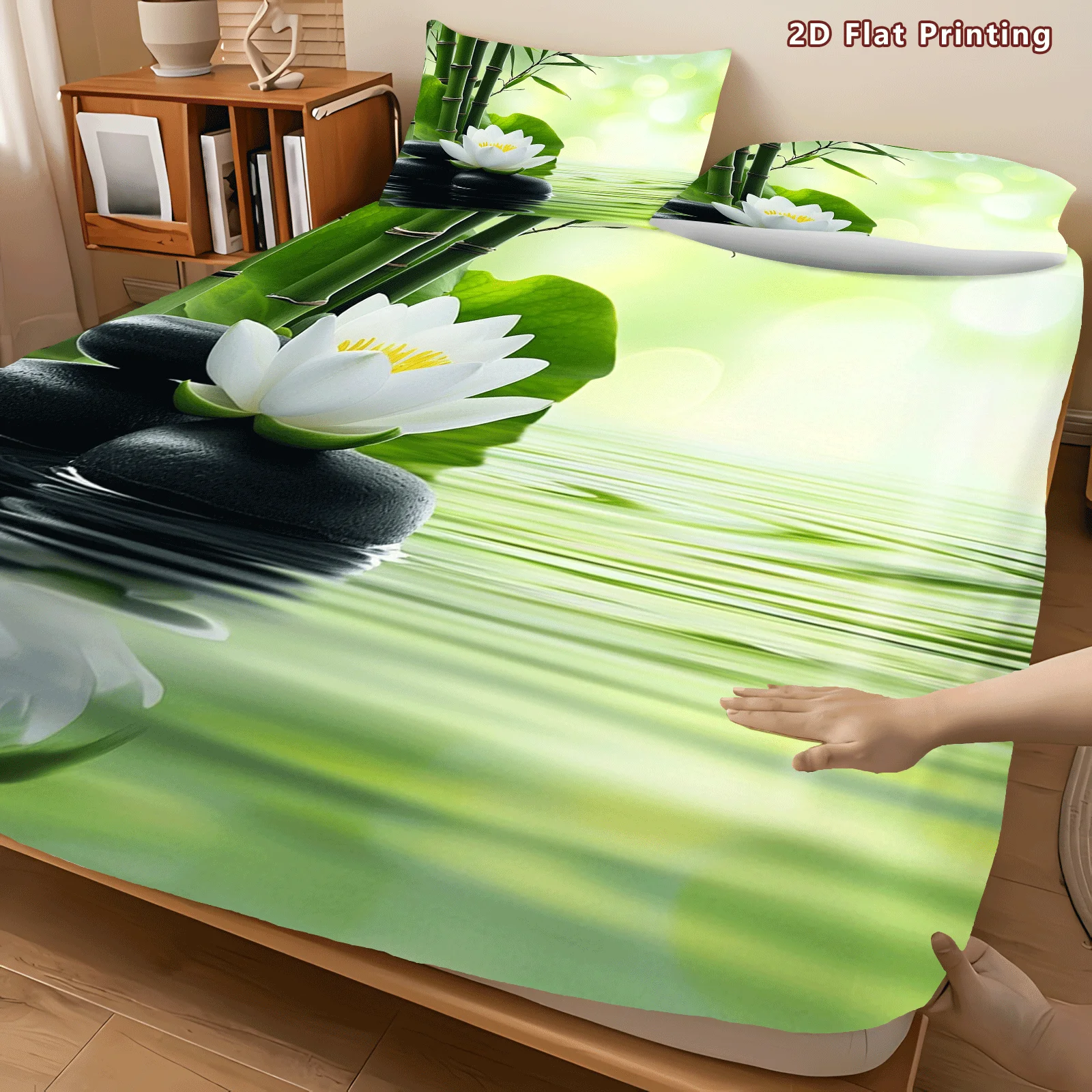 3-Piece Mattress Protector Set, 2D Flat Printed Fitted Sheet, Lotus Print Fitted Sheet Set, Natural Theme, Breathable Polyester Material, Home Bedroom Decoration, Holiday-Themed Fitted Sheet and Pillowcase, Mattress Protector Cover, Stain-Resistant, Mattress Protector Cover Suitable for All Seasons, Machine Washable, Easy to Care For, Suitable for Home Bedroom Use, Essential for Dormitories and Rentals, Master Bedroom and Guest Room Decoration, Dust-Proof and Stain-Resistant, High Elasticity, Fits Various Sizes