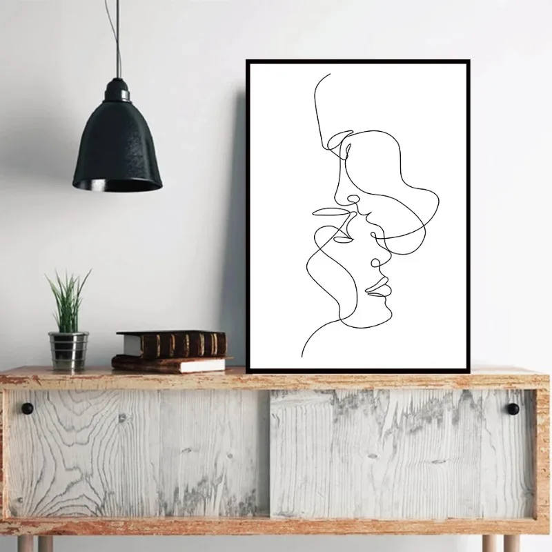 Modern Minimalist Couple Line Art Print Abstract Continuous Black & White Kiss Drawing Romantic Bedroom Wall Decor Canvas Poster