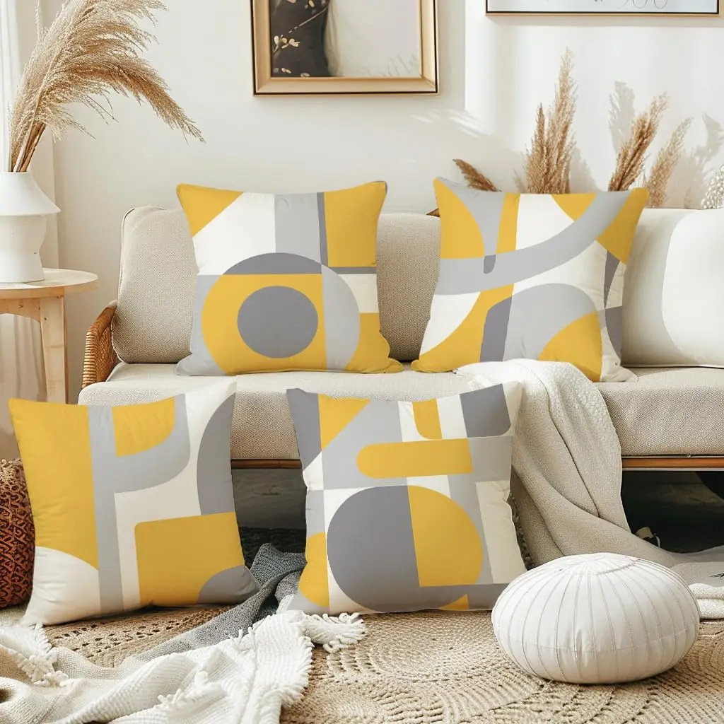 4Pcs Modern Geometric Throw Pillow Covers with Yellow and Gray Print Cushion Cases for Sofa Living Room Bedroom Home Decor
