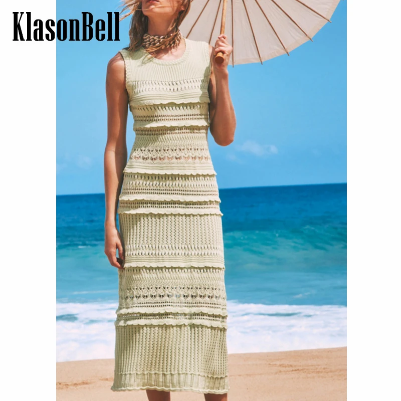 

3.18 KlasonBell Fashion Holiday Beach Hollow Out Jacquard Stretch Knitted O-Neck Tank Midi Dress + Lining Strap Women