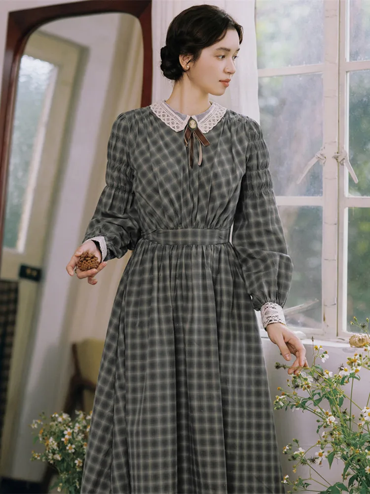 Sukienka maxi damska 86-98 cm obwód biustu, wiosna-jesień-zima, oryginalny projekt, brytyjski styl retro, artystyczna krata, vintage, elegancka, wyszczuplająca, 100% bawełna.