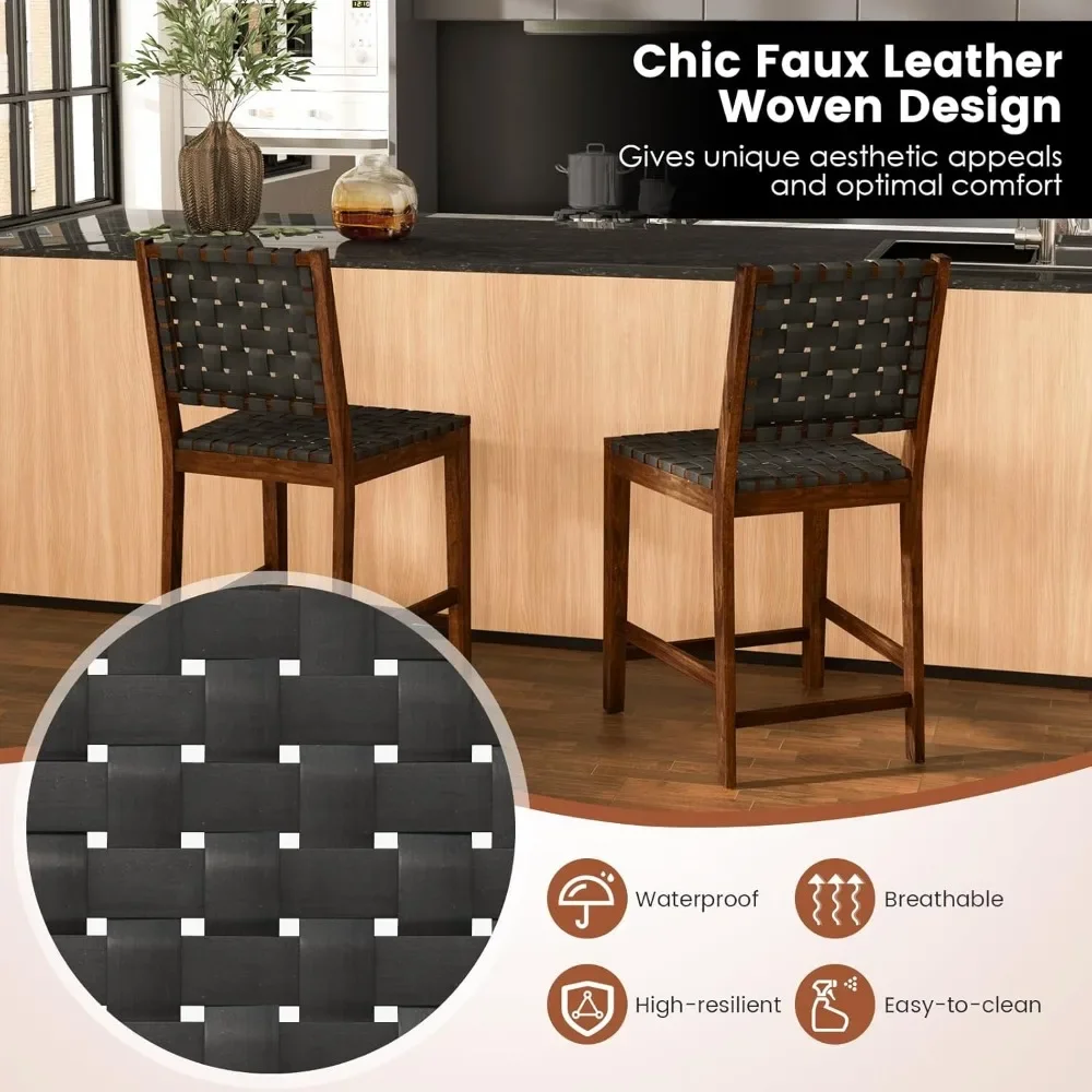 Bancos de barra tecidos com encosto alto, altura contrária, Farmhouse Faux Leather Barstools, apoio para os pés